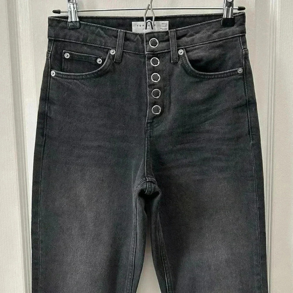 Topshop Straight Leg Jeans High Rise Popper Front Cropped Raw Hem Black Size 26 - Picture 4 of 16